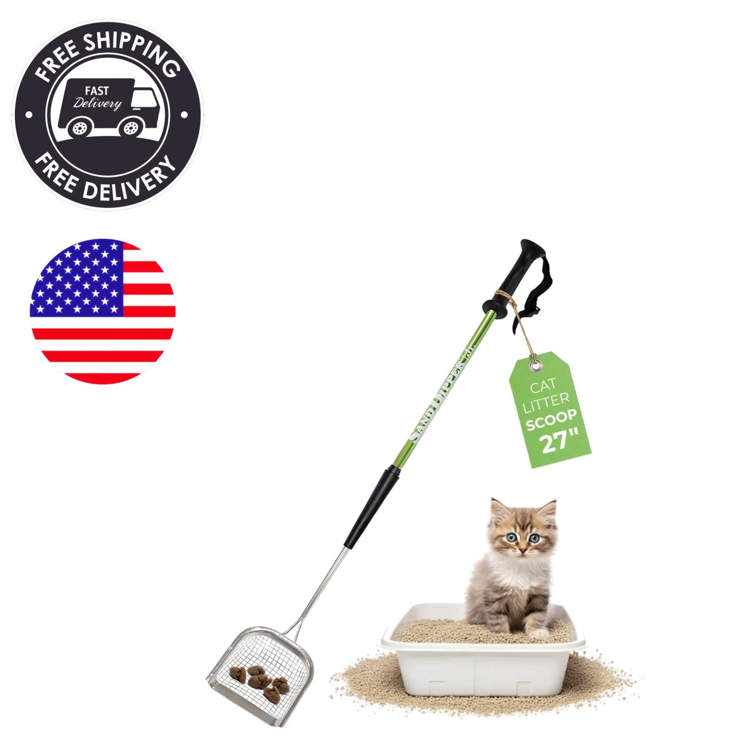 Lightweight Metal Cat Litter Scoop - Perfect 27-Inch Handle for Quick Sifting