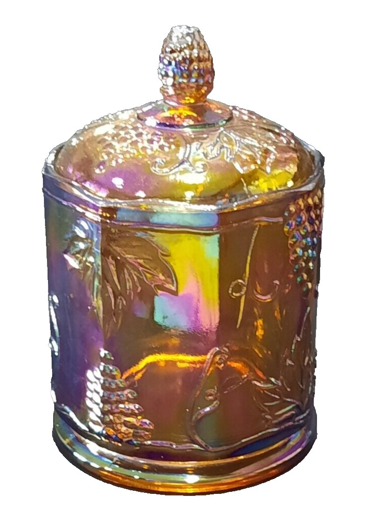 Vintage Indiana Glass Blue Carnival Harvest Grape Canister w/ Lid Iridescent