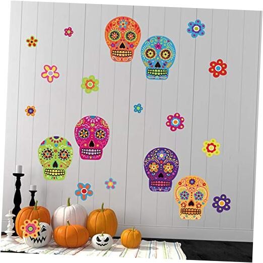 Halloween Colorful Sugar Skull Flower Wall Stickers Day of The Dead DIY Wall 