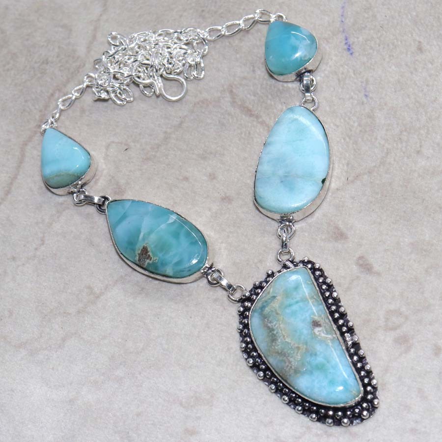 925 Silver Plated Larimar Necklace 17" Gifts Winter Party Jewelry MJ