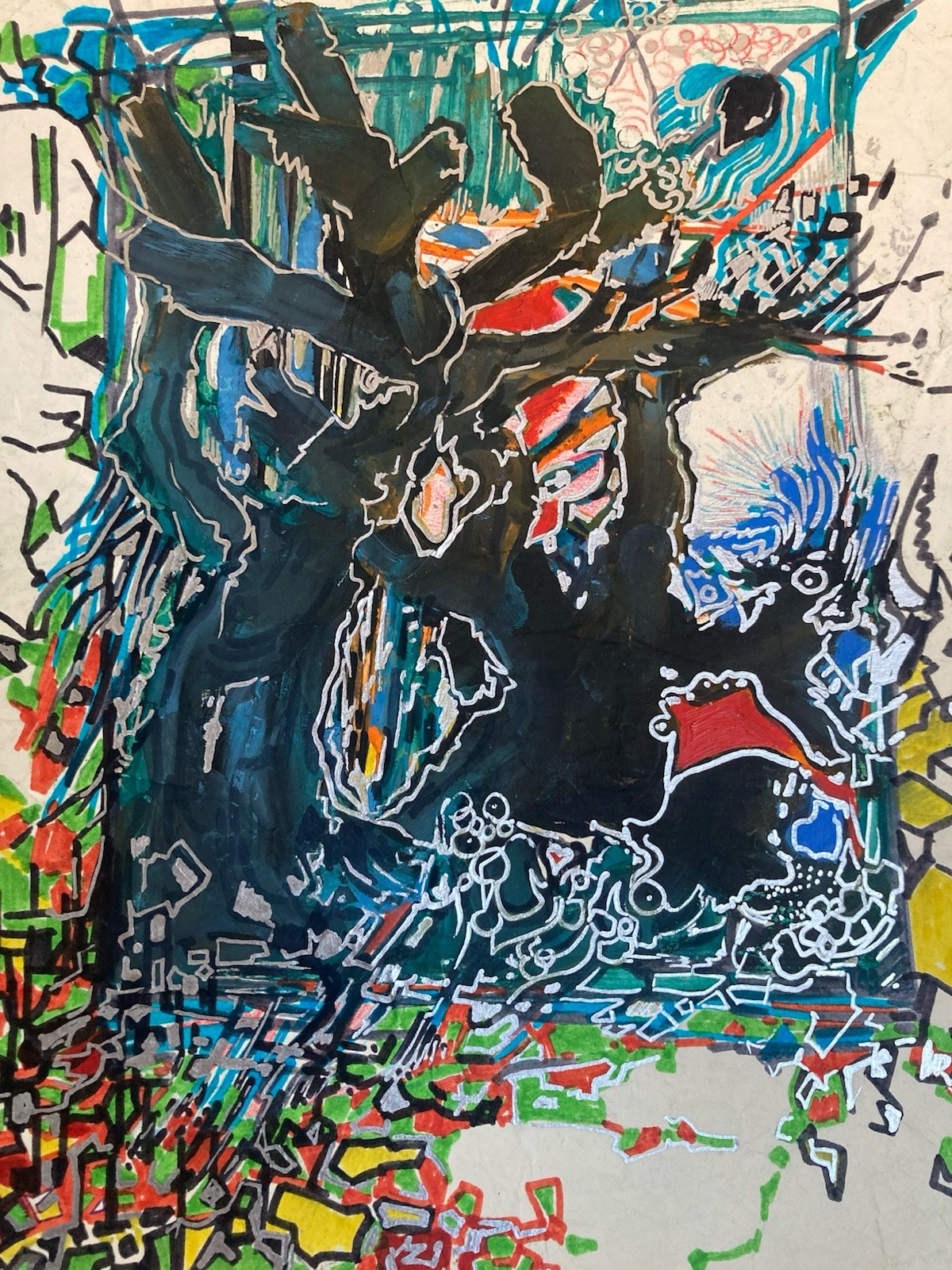 Peinture Technique Mixte Gouache Feutre Crane Vache Abstrait Abstraction 2000