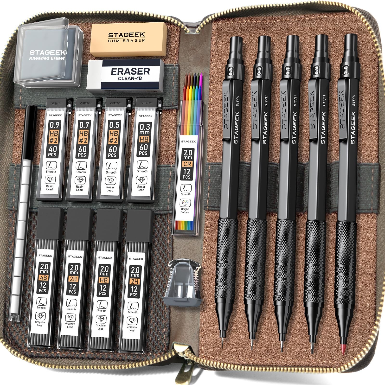 Metal Mechanical Pencil Set in Leather Case, 5PCS Art Drafting Pencil 0.3, 0....