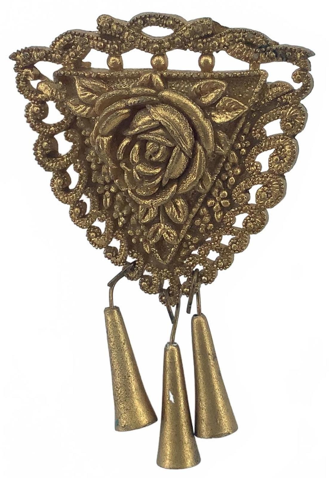 Vintage Gold Tone Brass Art Nouveau Rose Filigree Fringe Tassel Brooch Pin