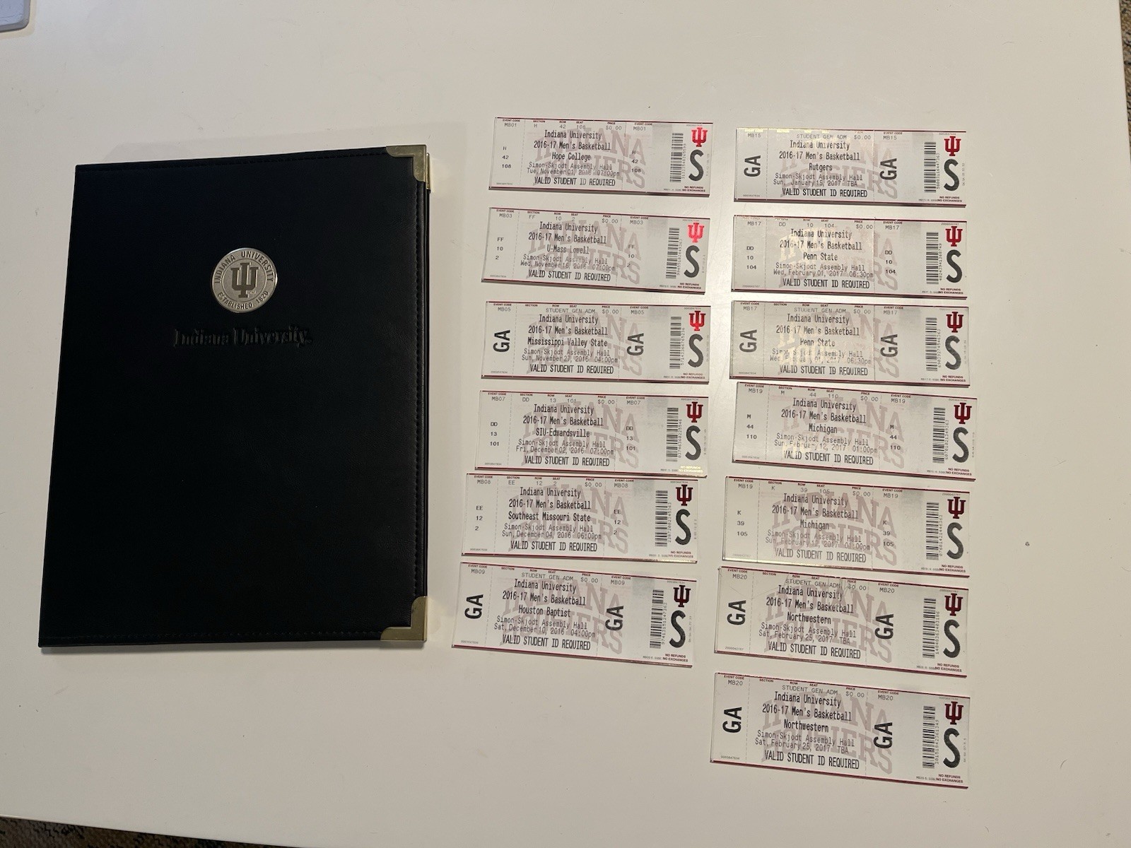 13 Indiana University Basketball Tickets, 2016-17 Student GA + IU Padfolio!