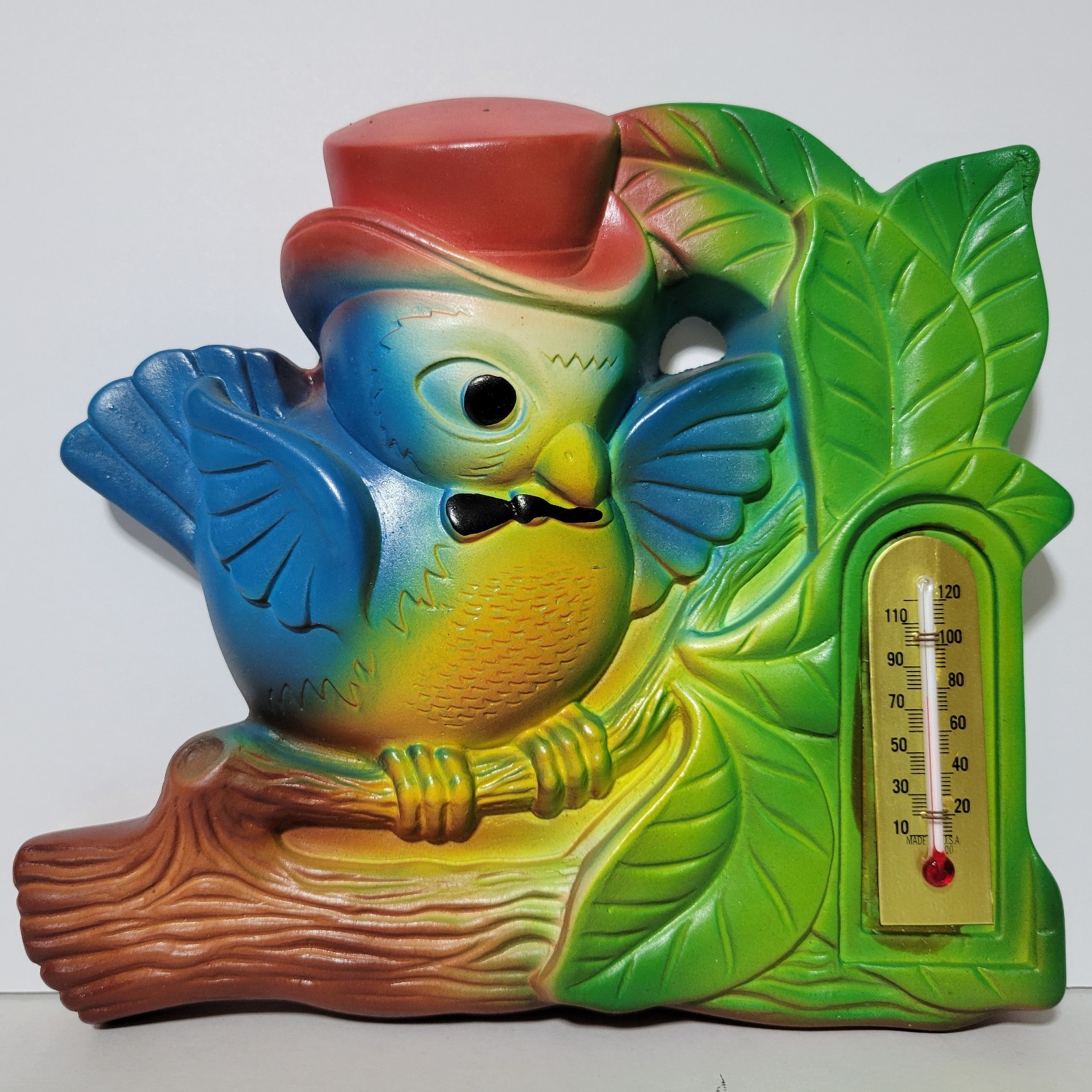 Vintage 1972 Miller Studio Blue Bird On Branch Chalkware Wall Thermometer Kitsch