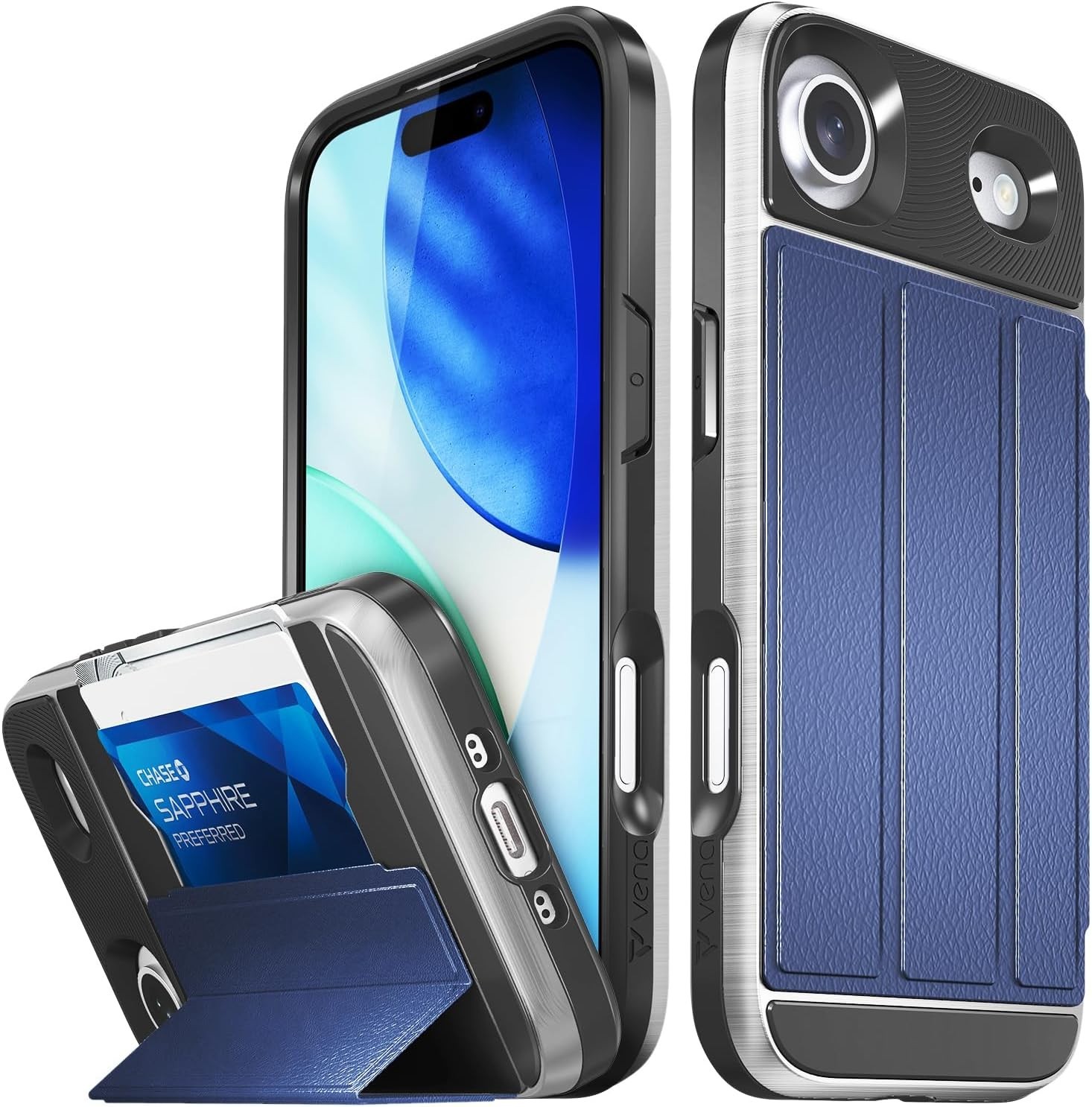 vCommute iPhone 17 Air Leather Wallet Case Military Grade Drop - Blue / Silver