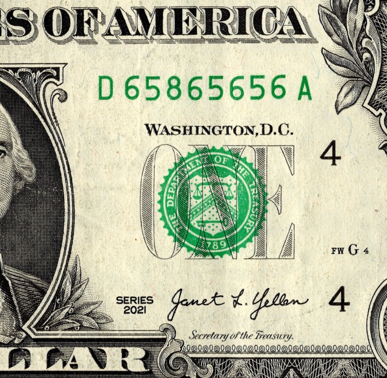Trinary Fancy Serial Number One Dollar Bill D65865656A