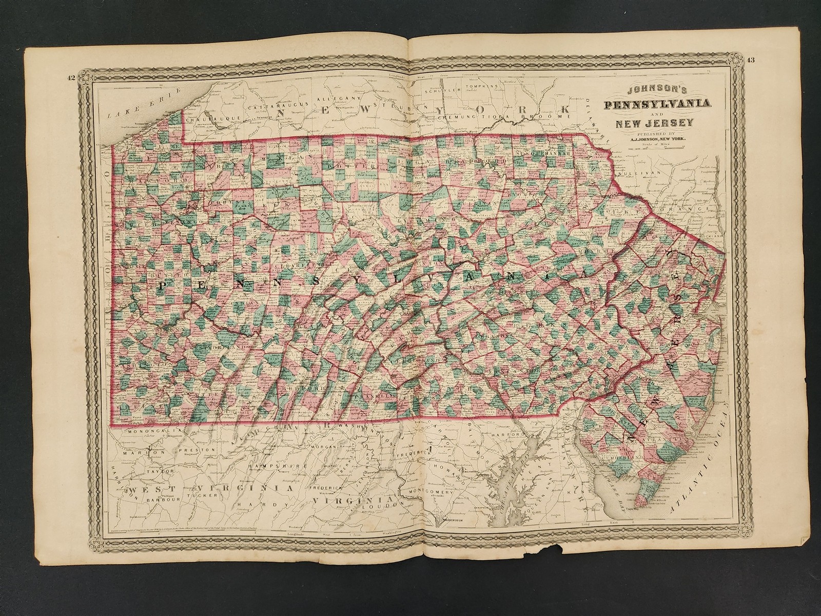 1864 antique PENNSYLVANIA & NEW JERSEY JOHNSON’S hand-colored MAP from atlas