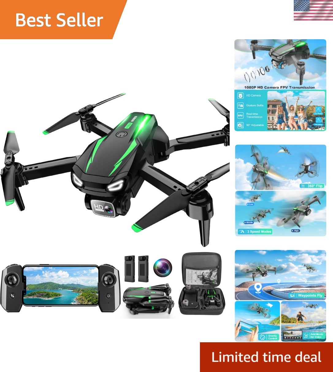 Drone with Camera, 1080P HD FPV Foldable Drone for Kids Adults Beginners, Bru...