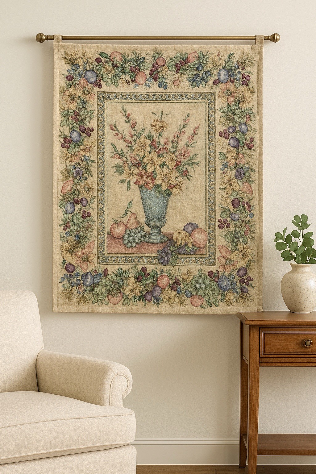 Floral Fruit Tapestry – Vintage Italy Wall Hanging – Brass Rod – 26x36 VTG