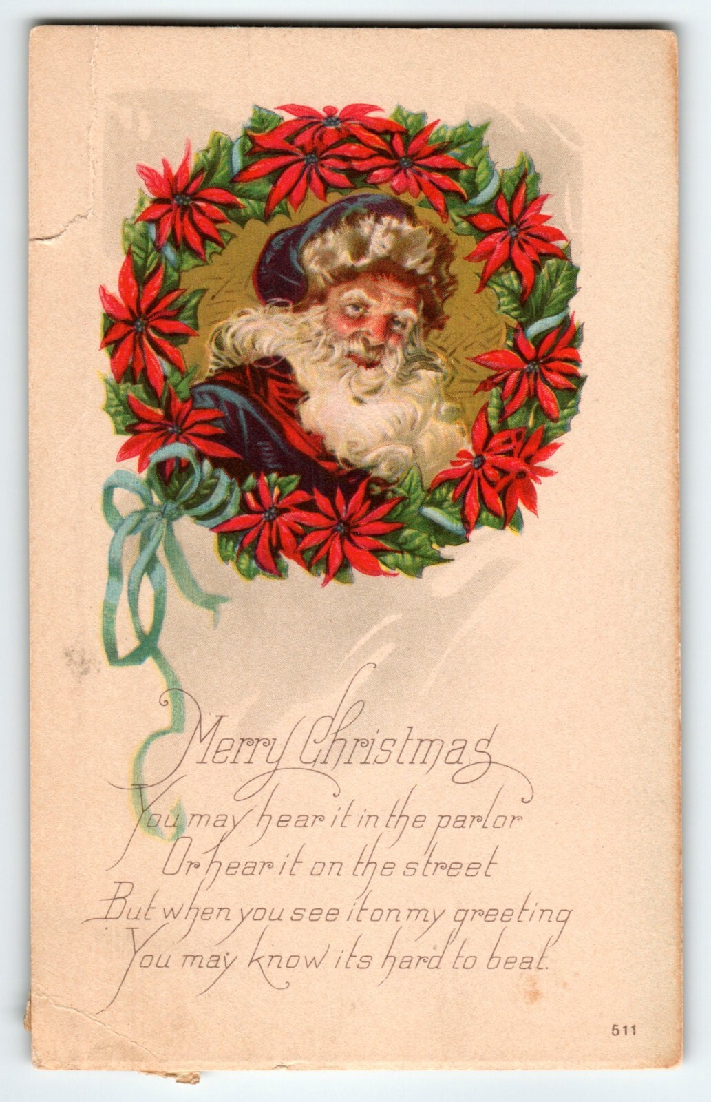 Santa Claus Christmas Postcard DAMAGED Poinsettia Wreath 1922 Series 511