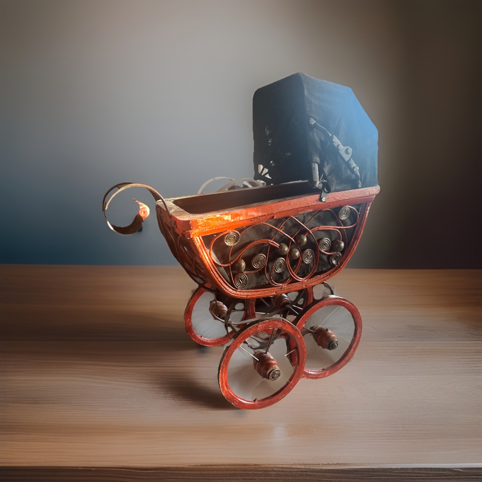 Antique Victorian Vintage Baby Doll Pram Stroller Carriage Buggy Rattan Iron