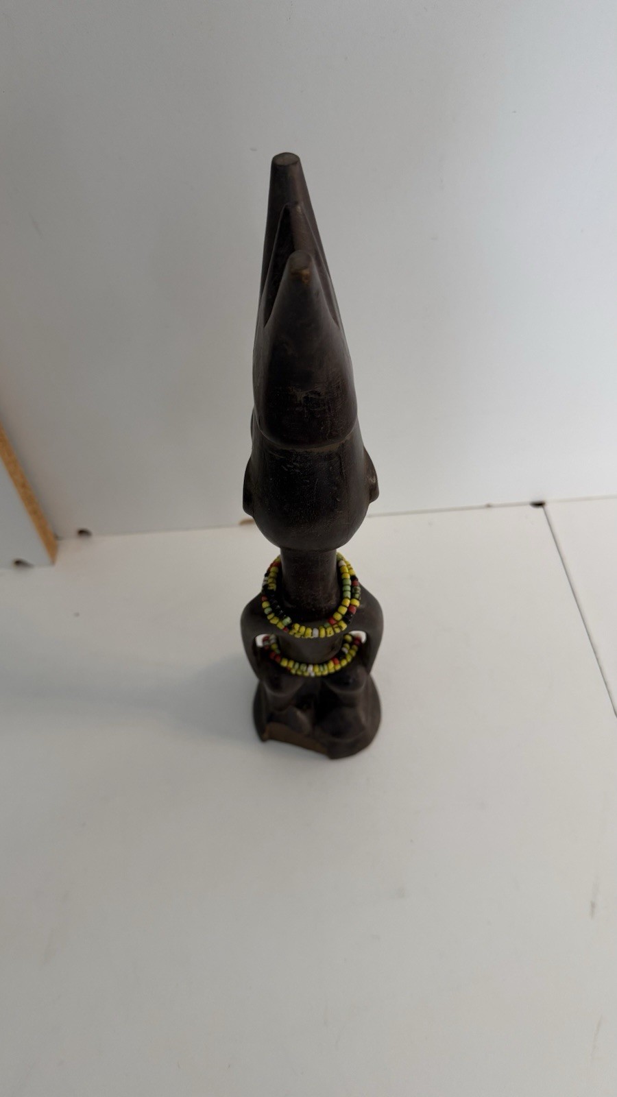 African Hand-Carved Wooden Figure Sculpture with Beaded Necklace Dark Wood Tone