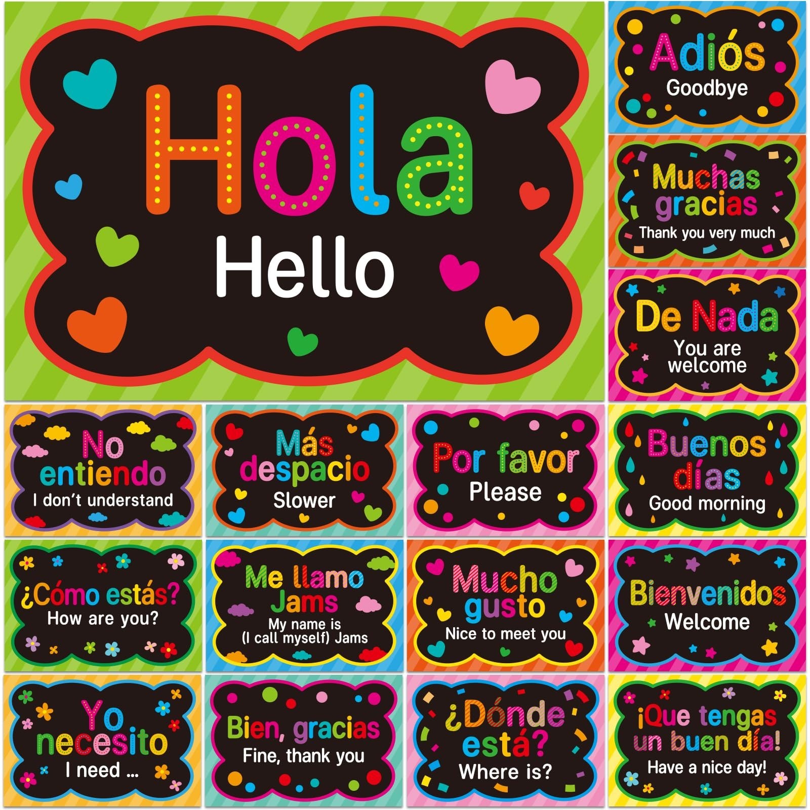 16 Pcs Spanish Words & Phrases Poster Set - Classroom Decorations & Study Mat...