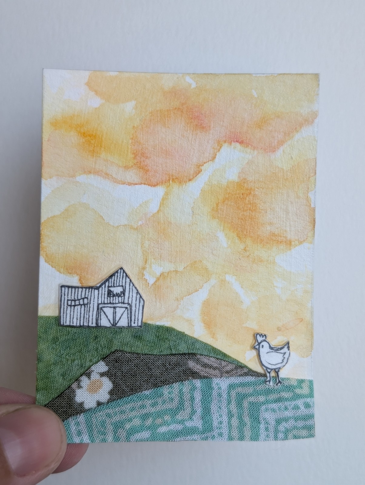ACEO Original Art Card Drawing Mixed Media Barn and Chicken Signed by artist 