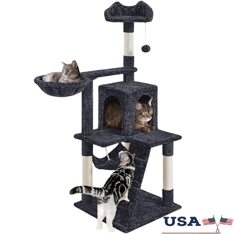 54 Inch Multi-Level Cat Tree W/ Scratching Post Hammock & Interactive Ball New