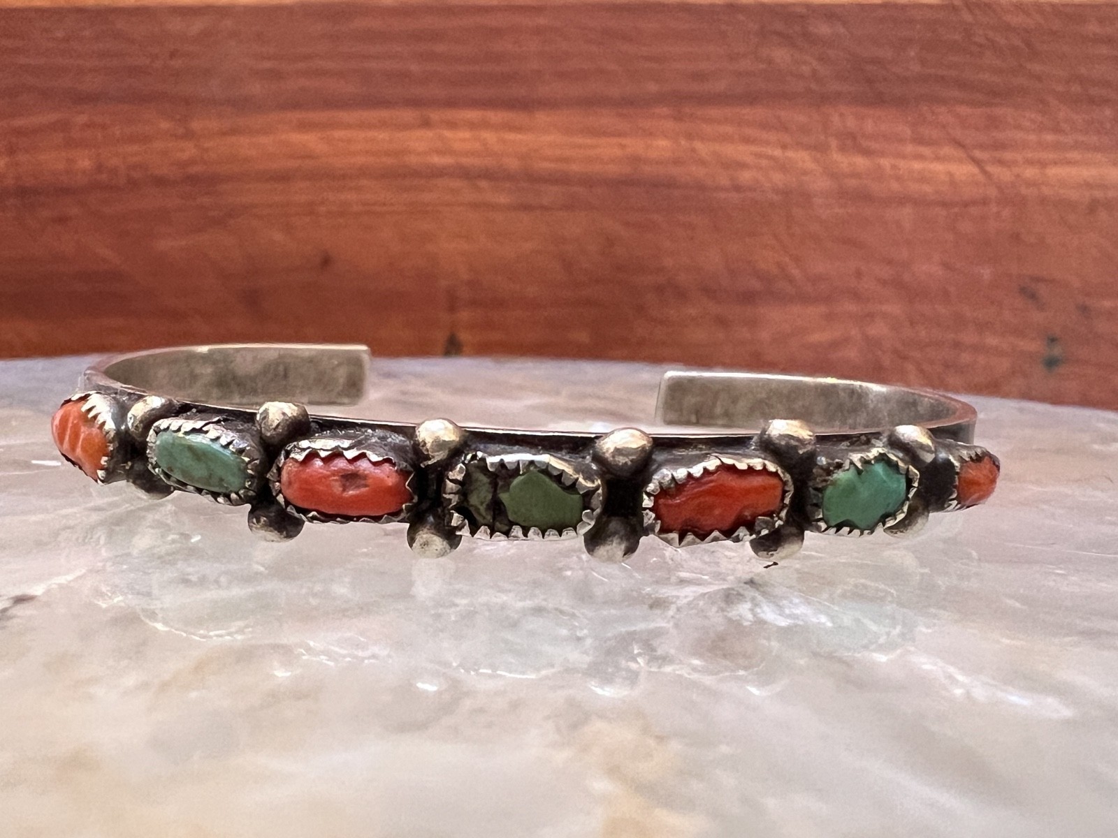 RARE Vintage OLD PAWN Navajo 1950s sterling 7stone turquoise/coral cuff bracelet