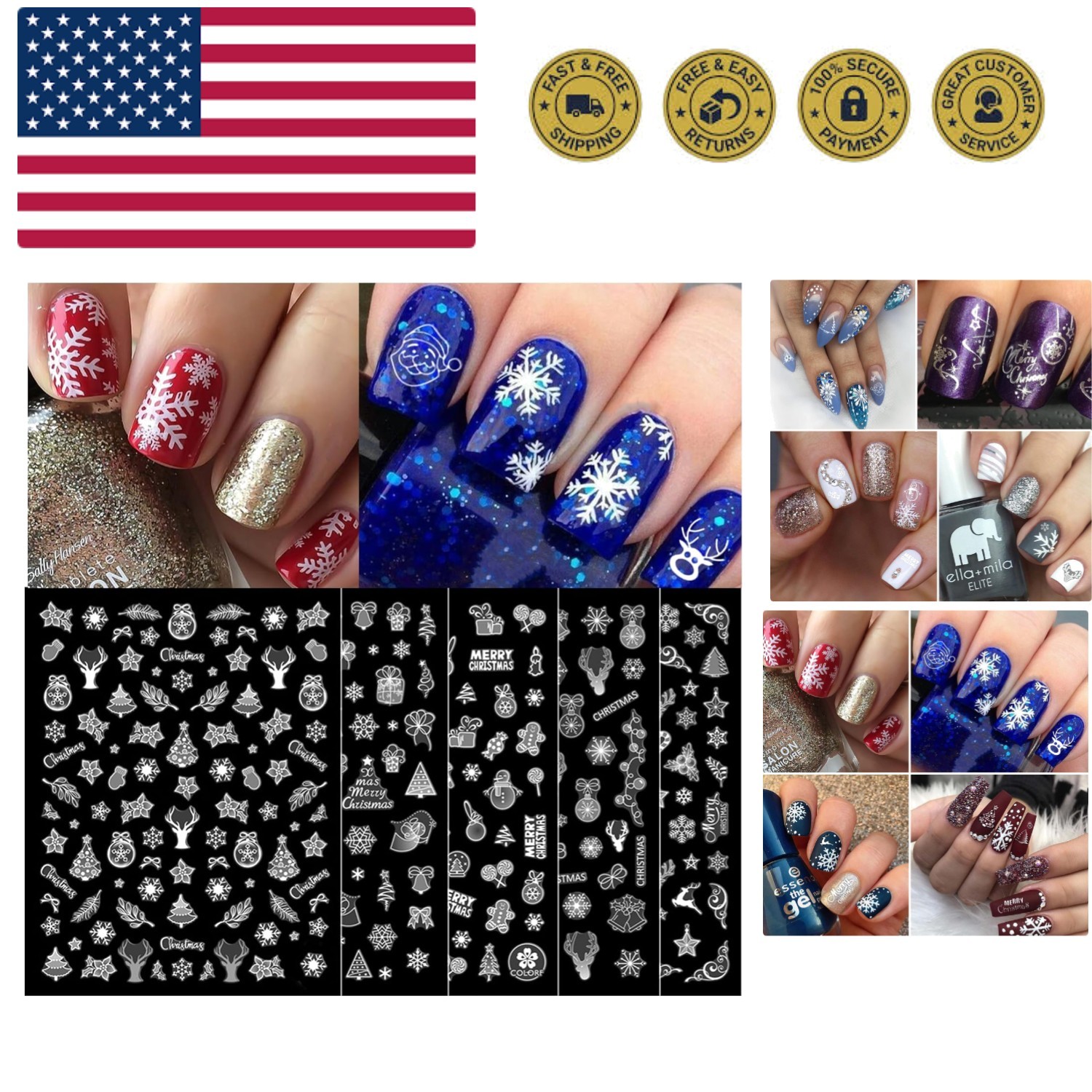 Christmas Nail Art Stickers Decals, Self-Adhesive White Nail Decorations Desi...