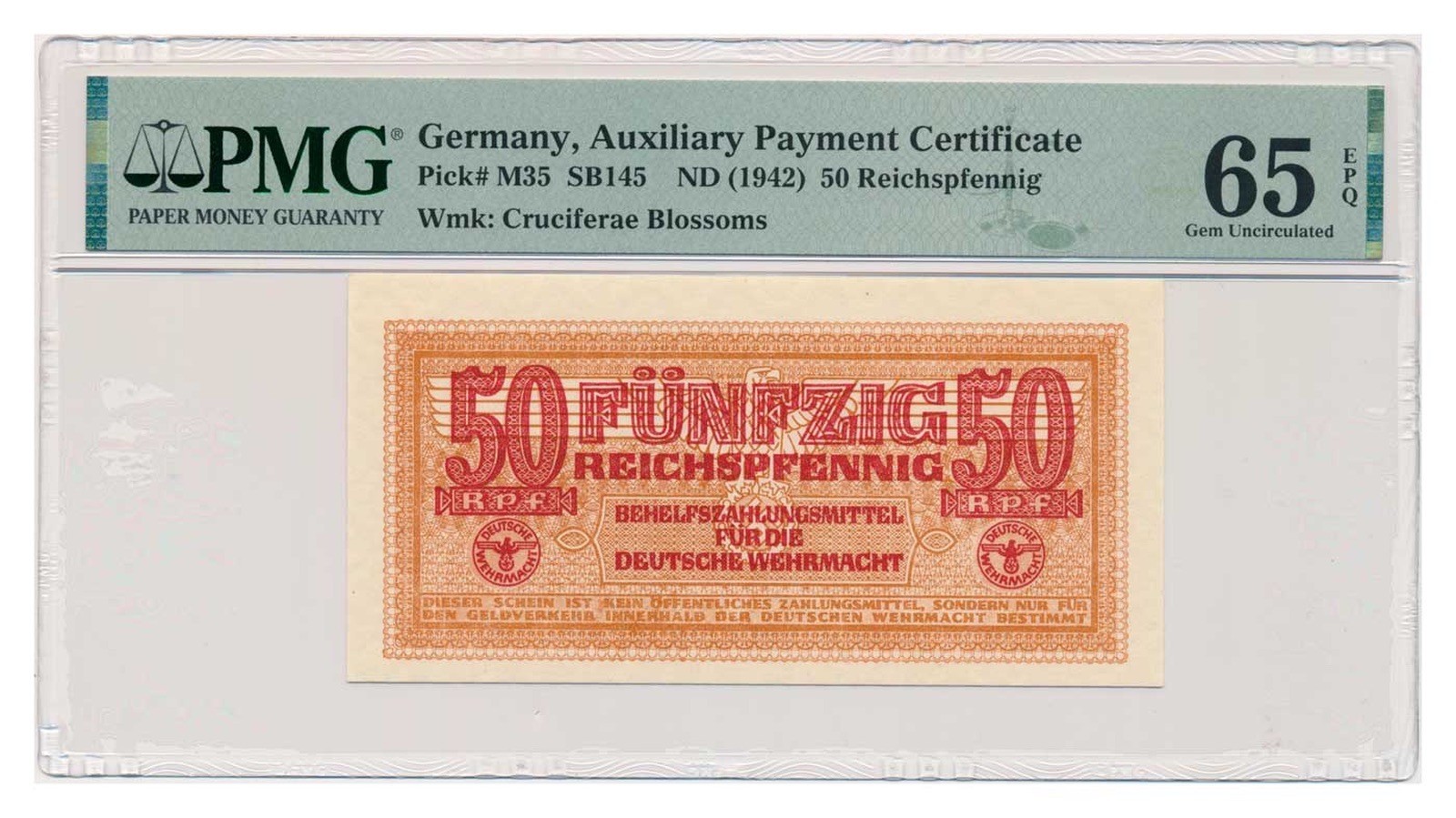 GERMANY banknote 50 Reichspfennig 1942 PMG MS 65 EPQ Gem Uncirculated