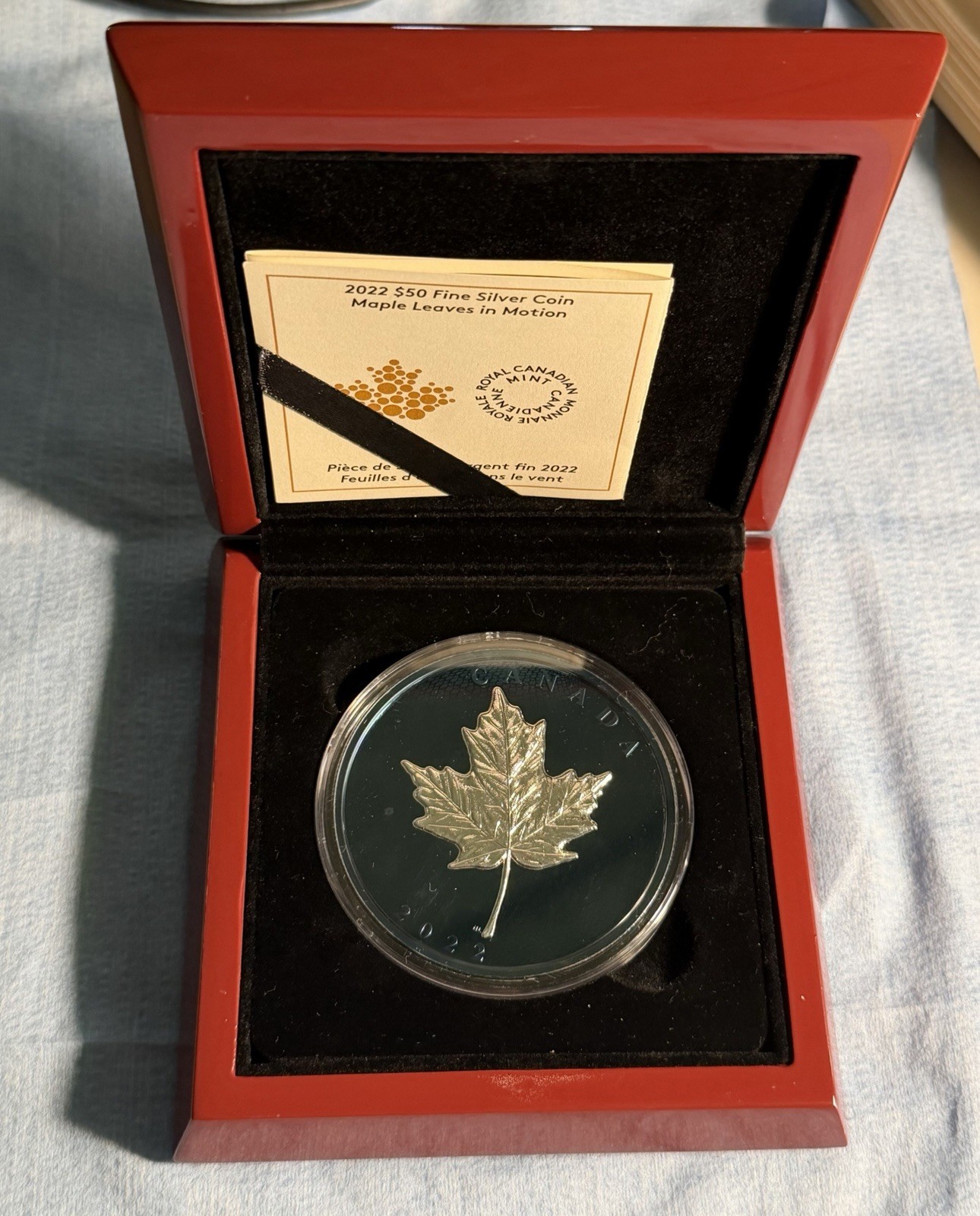 2022 Canada $50 Blue Rhodium Maple Leaves in Motion 5oz Silver Coin
