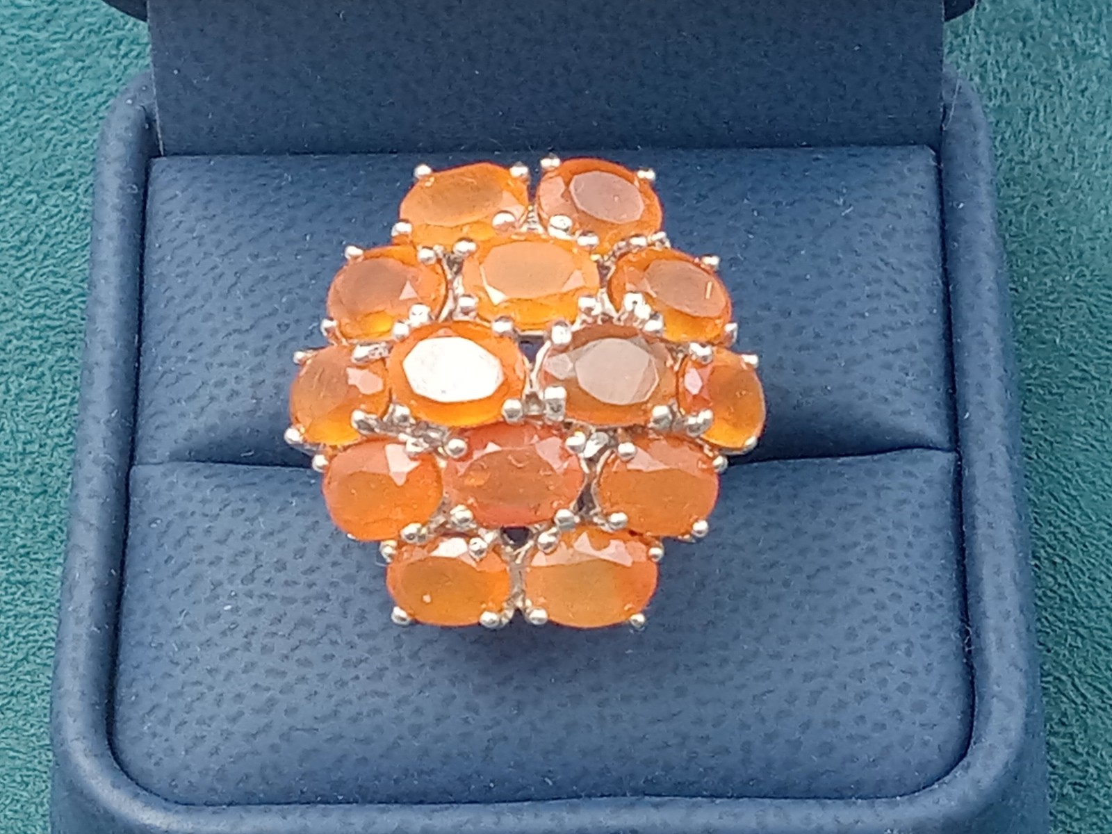 Pretty Sterling Silver Ring w. Faceted Cluster of Carnelian Gemstones: Size 7.75