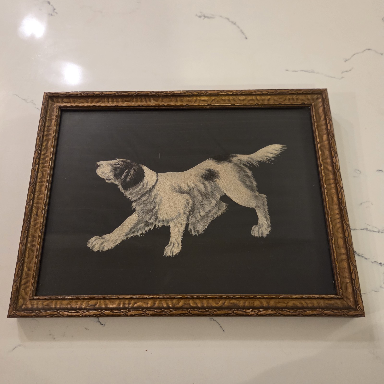 Antique English Setter Dog Meji Silk Embroidery Needdle Painting Wood Frame OOAK