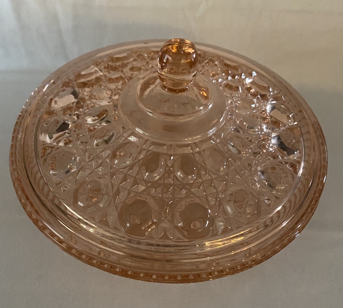 Indiana Glass Covered Candy Dish Windsor Button & Cane Pattern Peach/Pink 1970s