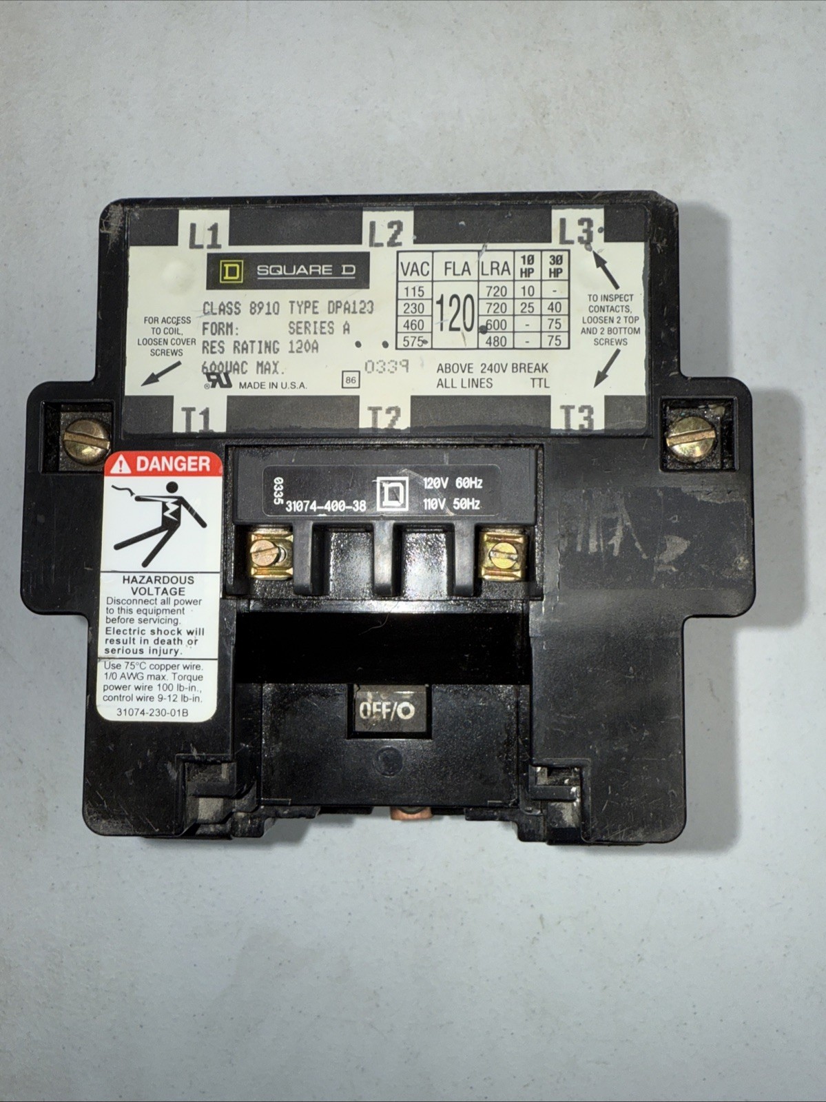 Square D 8910DPA123 Class 8910 Series A Contactor 600vac 120amp used