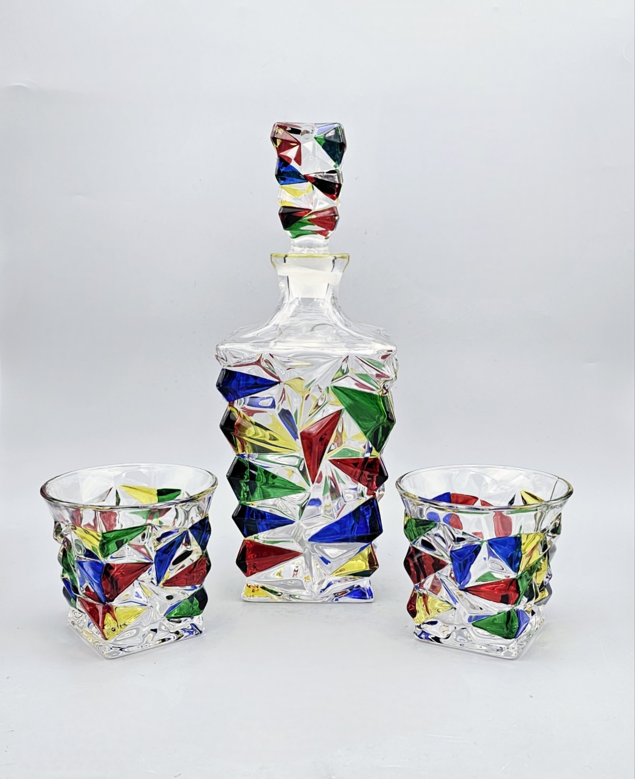 Murano-Style Colorful Faceted Geometric Glass Decanter and Lowball Set