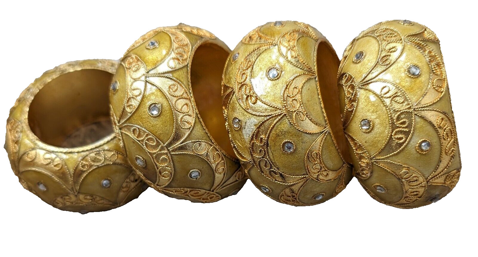Pottery Barn cloisonne Easter enamel napkin rings jewel yellow gold set 4