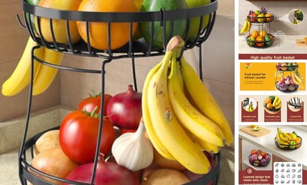 Large Fruit Basket for Kitchen Counter with 2 Banana Hangers, 2 Tier Black