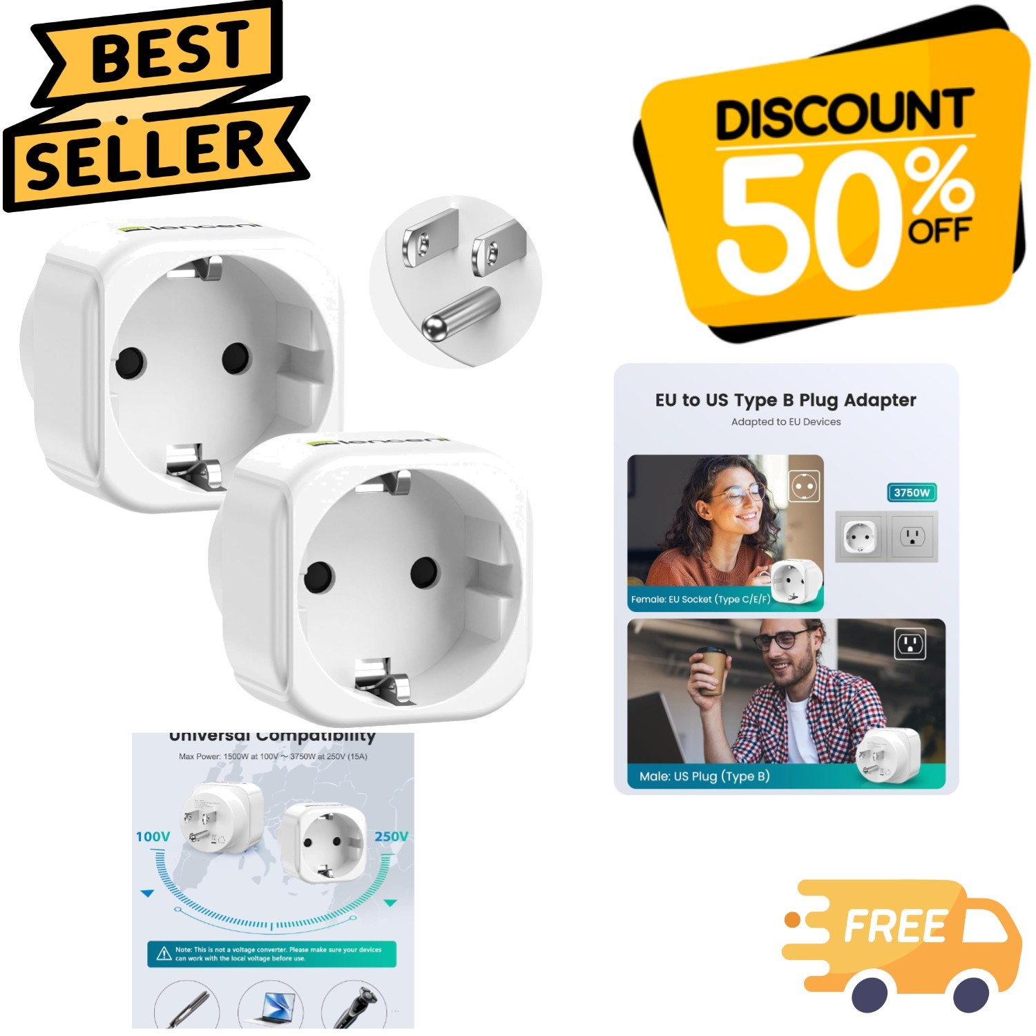 Compact European to US Plug Adapter - 2 Pack with Child Safety Features