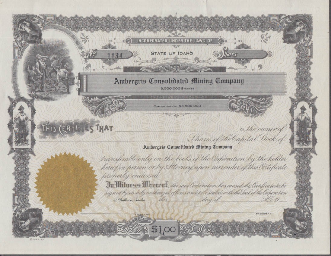 Ambergris Consolidated Mining Company Wallace ID stock certificate ca 1910