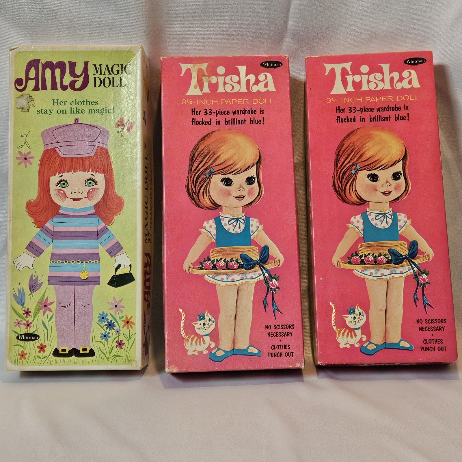 Lot 3 Vtg  Paper Dolls  Amy 2 Trisha  Flocked,  Magic Stay on Clothes Stand 