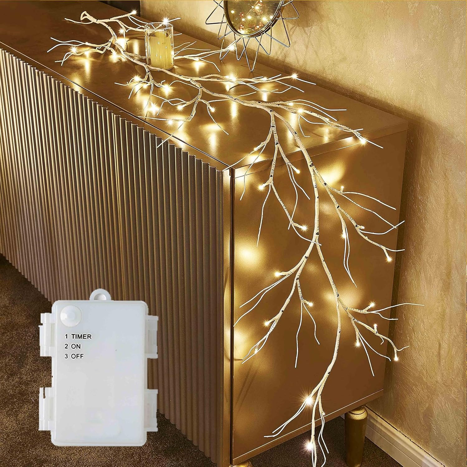 Birch Garland with Lights 6FT 48 LED Battery Operated, Lighted Twig Vine with Ti