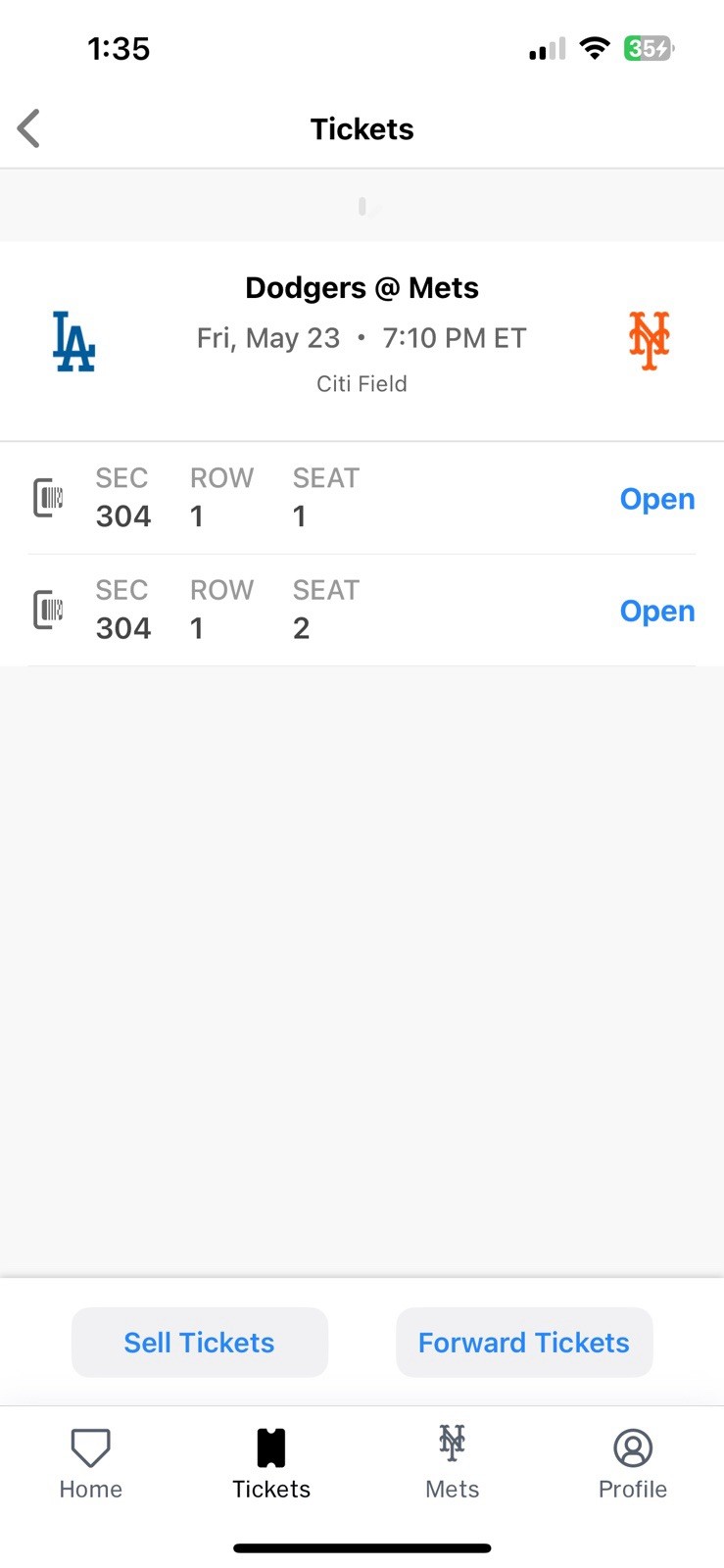 Two (2) Tickets Mets vs Dodgers 5/23 Citi Field