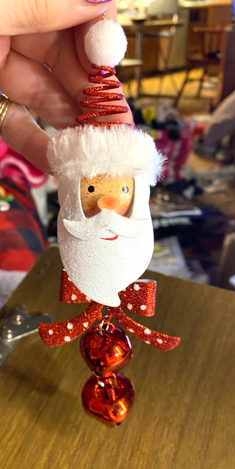 Whimsical Red White Bell Metal Santa Christmas Ornament 7.5"