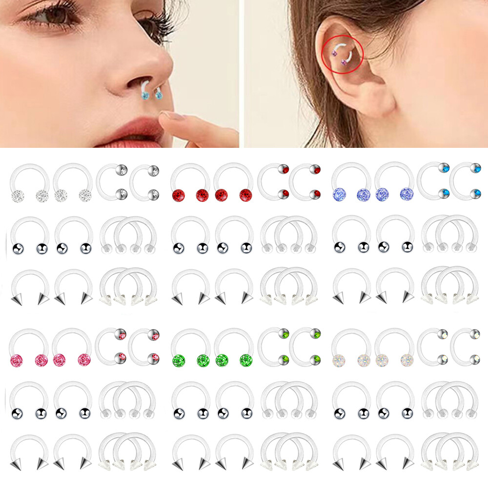 12pc Various Horseshoe Ring Clear Acrylic Bar Crystal Bioflex Ear Nose Piercing