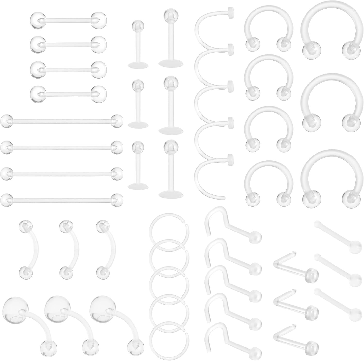 48 Pack Clear Piercing Retainer Kit - Bpa-Free Flexible Plastic Retainers for Li