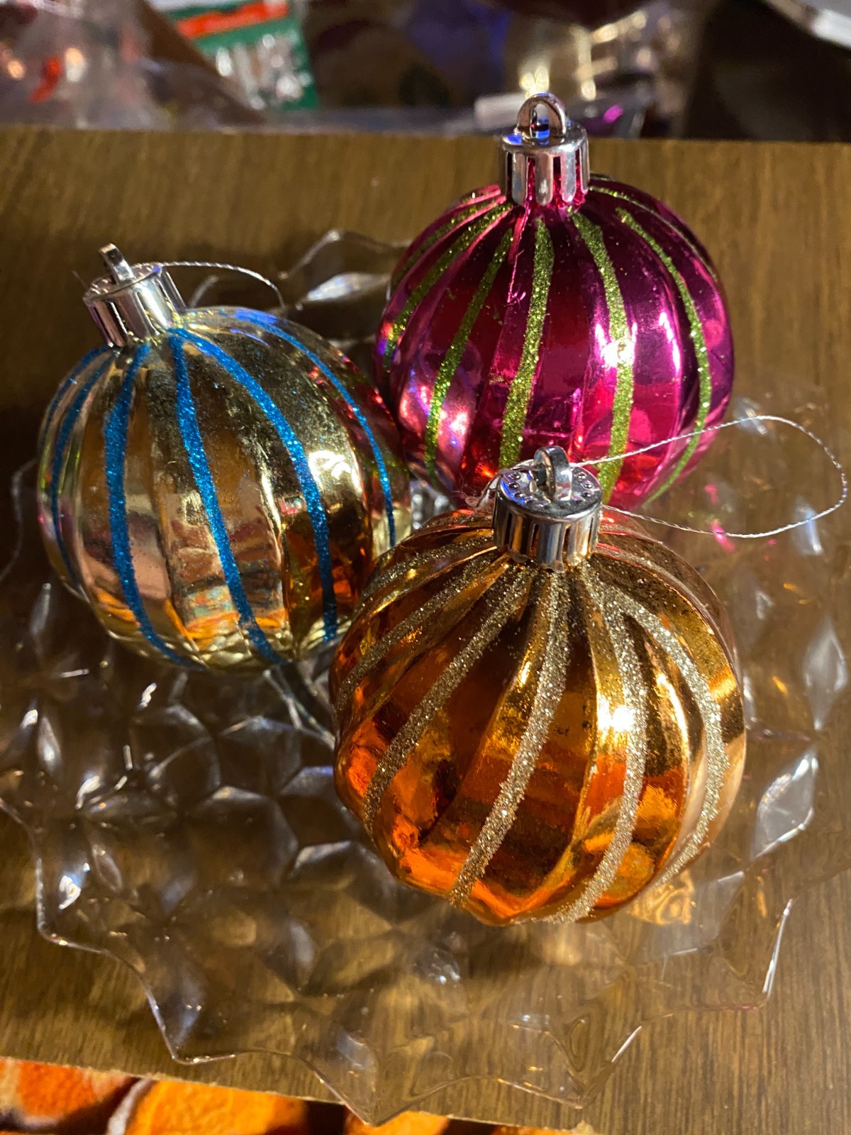 3 Gold Pink Blue/Silver Ribbed Glitter Shatterproof Christmas Ornaments 2 1/2"