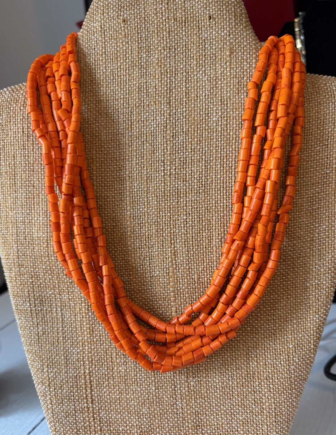 Antique Nagaland Konyak 7 Strand Orange  "Coral Glass "Orange Bead Necklace