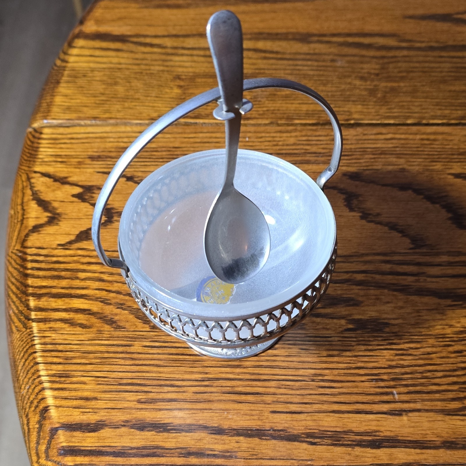 Silverplate Basket with Glass Insert, Spoon, Handle, Made in England