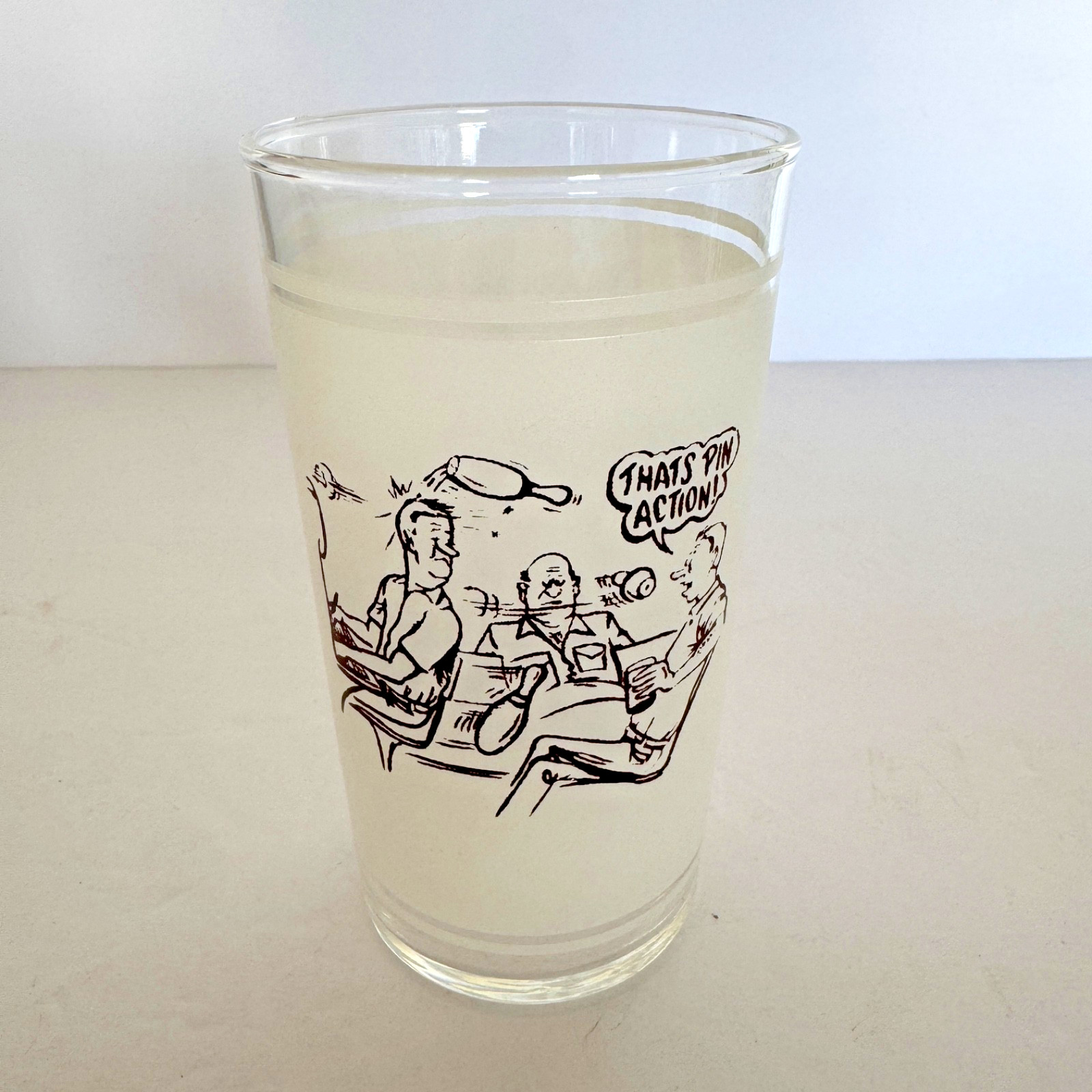 50’s 60’s Vintage Mid Century Comic Bowling Theme Highball Glass Brown