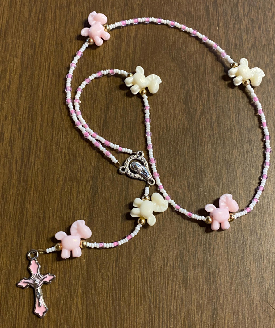 Novelty Pastel Pink White Pony Rosary . Lucite & Glass Beads UNused NEW 13"