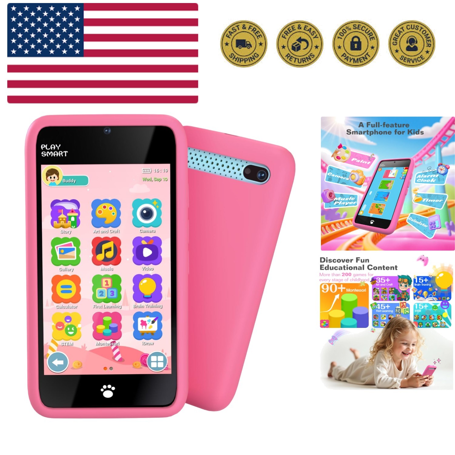 Toys Kids Smart Phone for Girls, 3.97" Cell Phone with Dual Cameras, Stickers...