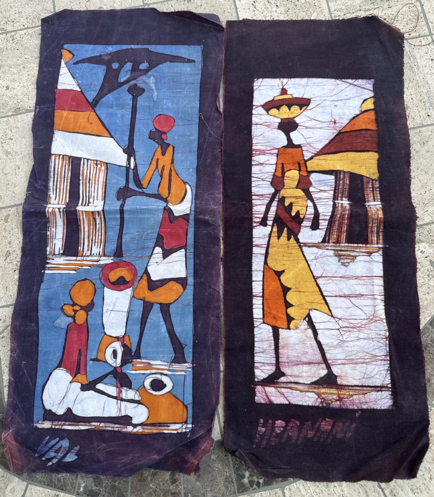 Vintage Beautiful African batik painting. Set of two. 8x 20”