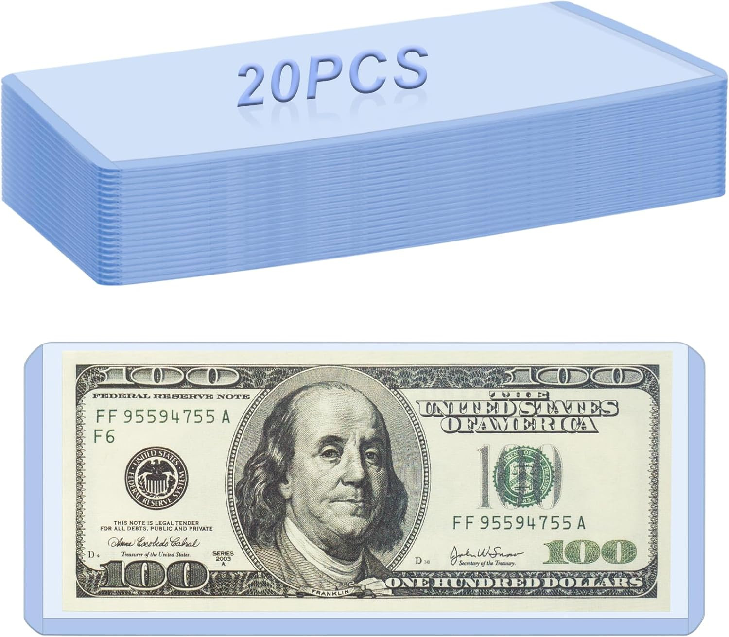 20 Pack Dollar Bill Sleeves - 6.8" X 2.9" Clear Currency Sleeves, Hard Plastic W
