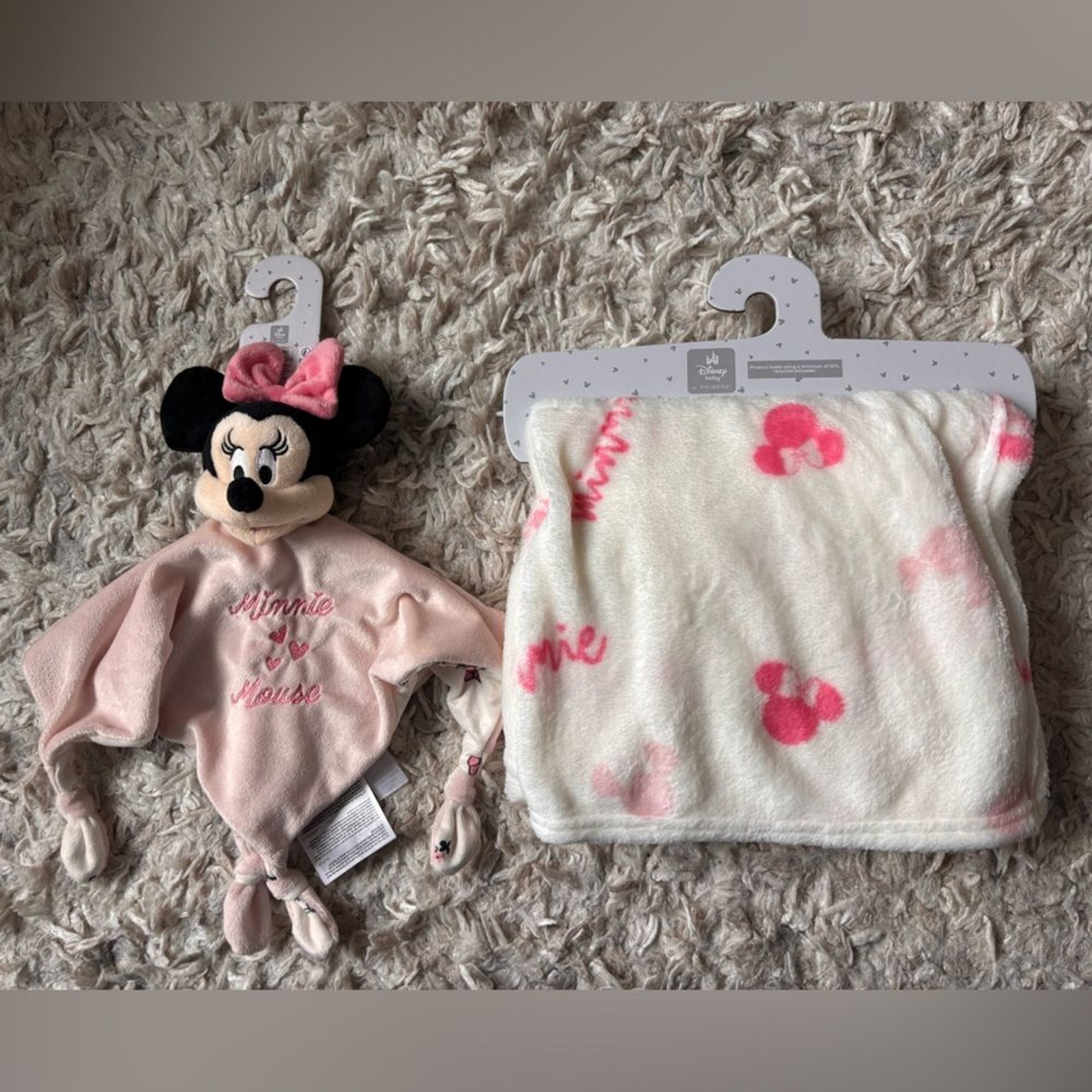 Disney Minnie Mouse Pink and White Baby Blanket and Minnie Mouse Lovie Plush NEW