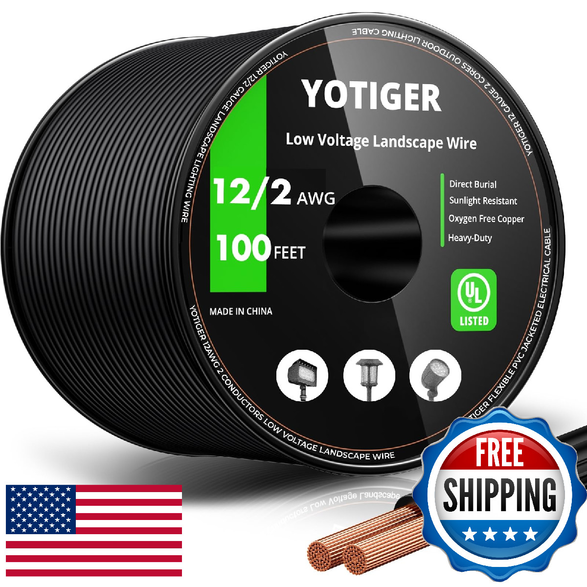 YOTIGER 12 Gauge 100FT Low Voltage Landscape Wire 12/2 UL Certified Direct Buria