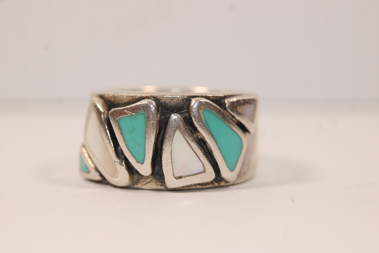 Southwest Sterling Silver TURQUOISE & MOP Raised Inlay Wide Ring Band 7